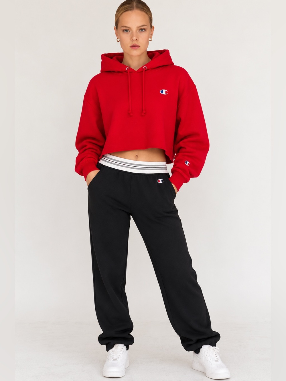 CHAMPION REVERSE WEAVE CROPPED CUT OFF HOODIE W/CUFFS RED SIZE M